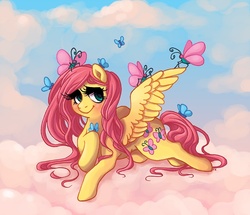 Size: 800x688 | Tagged: safe, artist:malliya, fluttershy, butterfly, insect, g4, animal, cloud, cloudy, eyelashes, female, solo