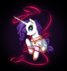 Size: 756x800 | Tagged: safe, artist:malliya, rarity, pony, g4, dark, earring, female, glowing, jewelry, necklace, ribbon, solo