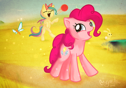 Size: 1400x982 | Tagged: safe, artist:enigmatia, holly dash, pinkie pie, butterfly, rabbit, g4, ball, bow