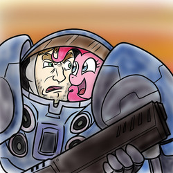 Size: 1000x1000 | Tagged: safe, artist:madmax, pinkie pie, human, g4, crossover, looking at each other, marine, srmor, starcraft