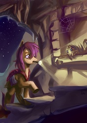 Size: 1239x1753 | Tagged: safe, artist:lexx2dot0, scootaloo, pegasus, pony, g4, bandage, bandaged wing, cave, female, flashlight (object), mouth hold, older, ruins, skeleton, solo, tomb, torch, wings