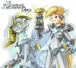 Size: 1117x1000 | Tagged: safe, artist:lexx2dot0, derpy hooves, robot, g4, crossover, humanized, mega man (series), tailed humanization