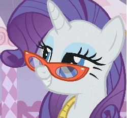 Size: 770x720 | Tagged: safe, screencap, rarity, pony, unicorn, g4, season 1, suited for success, animated, blinking, bust, cropped, female, gif, glasses, horn, lidded eyes, loop, measuring tape, rarity's glasses, smiling, solo