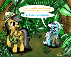 Size: 1550x1242 | Tagged: safe, artist:sakaerion, daring do, pegasus, pony, g4, clothes, crossover, dialogue, duo, female, hat, indiana jones, indiana jones and the temple of doom, jungle, scootaround, short round, speech bubble