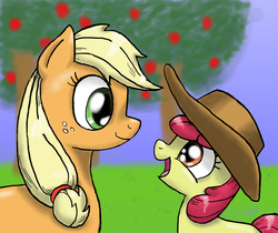 Size: 1630x1366 | Tagged: safe, artist:sakaerion, apple bloom, applejack, earth pony, pony, g4, accessory swap, adorabloom, apple, apple sisters, apple tree, applejack's hat, cowboy hat, cute, female, filly, foal, happy, hat, jackabetes, mare, siblings, sisters, tree