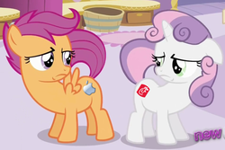 Size: 1026x686 | Tagged: safe, edit, edited screencap, screencap, scootaloo, sweetie belle, pegasus, pony, unicorn, g4, ponyville confidential, alternate cutie mark, apple (company), chick-fil-a, cropped, cutie mark, duo, duo female, female, filly, foal, horn, logo