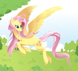 Size: 833x754 | Tagged: safe, artist:kilo, fluttershy, pony, g4, female, flower, flower in hair, flying, looking at something, looking down, solo, spread wings