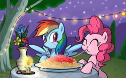 Size: 800x500 | Tagged: safe, artist:madmax, pinkie pie, rainbow dash, earth pony, pegasus, pony, g4, candle, duo, female, flower, imminent kissing, lady and the tramp, lesbian, parody, ship:pinkiedash, shipping, spaghetti, spaghetti scene, string lights