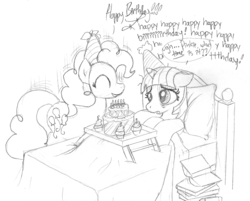 Size: 1005x810 | Tagged: safe, artist:foxxy-arts, pinkie pie, twilight sparkle, g4, bed, book, cake, party