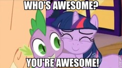 Size: 474x263 | Tagged: safe, spike, twilight sparkle, g4, artifact, bronybait, hub logo, hubble, motivational, roflbot, who's awesome? you're awesome