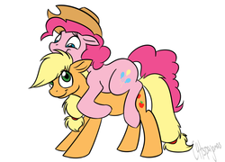 Size: 1391x1000 | Tagged: safe, artist:calicopikachu, applejack, pinkie pie, g4, female, lesbian, pinkie pie riding applejack, ponies riding ponies, riding, ship:applepie, shipping, simple background