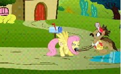 Size: 1057x652 | Tagged: safe, screencap, fluttershy, globe trotter, earth pony, pegasus, pony, g4, putting your hoof down, season 2, animated, duo, duo male and female, female, gif, male, mare, spinning, spread wings, stallion, wings