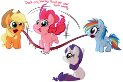Size: 982x659 | Tagged: safe, artist:php27, applejack, pinkie pie, rainbow dash, rarity, earth pony, pegasus, pony, unicorn, g4, crying, cute, female, filly, filly applejack, filly pinkie pie, filly rainbow dash, filly rarity, foal, jump rope, simple background, teary eyes, transparent background, younger