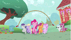 Size: 853x480 | Tagged: safe, screencap, cotton cloudy, dinky hooves, pinkie pie, piña colada, ruby pinch, scootaloo, tornado bolt, pony, a friend in deed, g4, season 2, animated, cottonbetes, cute, cutealoo, diapinkes, dinkabetes, eyes closed, female, gif, how, jump rope, loop, pinchybetes, pinkie being pinkie, pinkie physics, piña cutelada, smile song, tornadorable