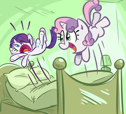 Size: 1280x1164 | Tagged: dead source, safe, artist:tess, rarity, sweetie belle, g4, bed, jumping, wake up