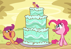 Size: 1280x886 | Tagged: dead source, safe, artist:tess, pinkie pie, scootaloo, g4, cake