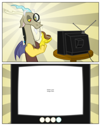 Size: 1050x1299 | Tagged: safe, discord, g4, exploitable meme, meme, monocle, pipe, sunburst background, template, tv meme