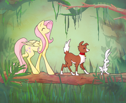 Size: 1100x900 | Tagged: dead source, safe, artist:pon-ee, angel bunny, fluttershy, winona, dog, pegasus, pony, rabbit, g4, animal, disney, female, hakuna matata, male, mare, parody, scene parody, the lion king, trio