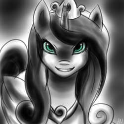 Size: 2000x2000 | Tagged: safe, artist:animecreator, queen chrysalis, changeling, changeling queen, g4, abstract background, disguise, disguised changeling, fake cadance, female, frown, glare, glowing eyes, grayscale, grin, high res, looking at you, monochrome, neo noir, partial color, signature, smiling, solo