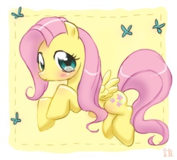 Size: 900x815 | Tagged: safe, artist:nek0bunny, fluttershy, butterfly, pegasus, pony, g4, blushing, female, looking at you, mare, smiling, solo, spread wings, three quarter view, wings