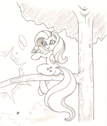 Size: 855x1003 | Tagged: safe, artist:joey darkmeat, fluttershy, bird, g4, female, monochrome, solo, tree