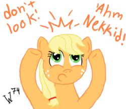 Size: 600x520 | Tagged: safe, artist:wolferahm, applejack, earth pony, pony, g4, applejack wants her hat back, blonde, female, hatless, mare, missing accessory, simple background, solo, transparent background, we don't normally wear clothes