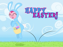 Size: 1024x768 | Tagged: safe, artist:frankier77, pinkie pie, earth pony, pony, ask pinkamena diane pie, g4, ask, basket, bunny costume, clothes, costume, easter, easter egg, egg, eyes closed, female, jumping, solo, tumblr