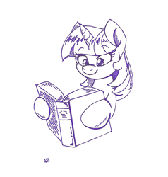 Size: 596x626 | Tagged: safe, artist:joey darkmeat, twilight sparkle, pony, g4, book, female, mare, monochrome, reading, smiling, solo, traditional art