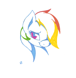 Size: 565x576 | Tagged: safe, artist:joey darkmeat, rainbow dash, pegasus, pony, g4, bust, female, hair over one eye, lidded eyes, looking at you, simple background, smiling, solo, traditional art, white background