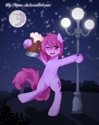 Size: 709x900 | Tagged: dead source, safe, artist:tomoe-chi, berry punch, berryshine, earth pony, pony, g4, bipedal, blushing, cider, drunk, female, moon, night, one eye closed, solo