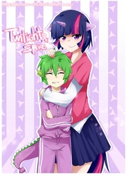 Size: 640x880 | Tagged: dead source, safe, artist:tomoe-chi, spike, twilight sparkle, g4, clothes, eared humanization, horn, horned humanization, hug, humanized, spikelove, tailed humanization