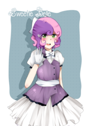 Size: 638x880 | Tagged: dead source, safe, artist:tomoe-chi, sweetie belle, human, g4, female, humanized, open mouth, solo