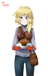 Size: 570x890 | Tagged: dead source, safe, artist:tomoe-chi, derpy hooves, human, g4, bag, clothes, female, humanized, muffin, plate, solo, that pony sure does love muffins