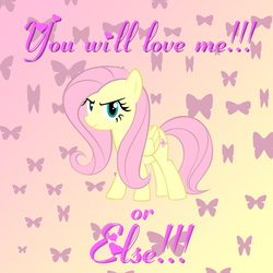 Size: 1280x1280 | Tagged: safe, artist:nezumiyuki, fluttershy, pony, g4, female, glare, looking at you, smiling, solo, standing, text