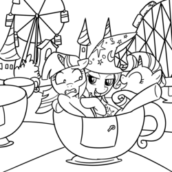 Size: 1000x1000 | Tagged: safe, artist:madmax, rarity, trixie, twilight sparkle, pony, unicorn, g4, black and white, carnival, female, grayscale, hilarious in hindsight, lesbian, lineart, mare, monochrome, ship:twixie, shipping, teacup, teacups, trio