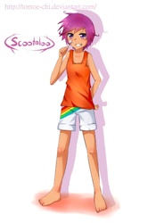 Size: 584x880 | Tagged: dead source, safe, artist:tomoe-chi, scootaloo, human, g4, bandage, clothes, female, humanized, solo