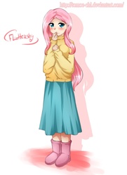 Size: 871x1200 | Tagged: dead source, safe, artist:tomoe-chi, fluttershy, human, g4, boots, breasts, clothes, female, humanized, long skirt, shoes, skirt, solo, sweater, sweatershy