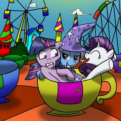 Size: 1000x1000 | Tagged: safe, artist:madmax, rarity, trixie, twilight sparkle, g4, colored, female, lesbian, rarixie, ship:rarilight, ship:twixie, shipping, teacups, twixity