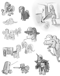 Size: 1009x1280 | Tagged: safe, artist:frankier77, fluttershy, igneous rock pie, pinkie pie, rainbow dash, oc, dinosaur, snake, tyrannosaurus rex, g4, bonnet, clothes, crossover, humanized, monochrome, mouth hold, pinkamena diane pie, pinkiesaurous rex, sketch dump, species swap, sword, weapon