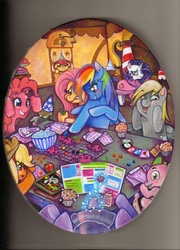 Size: 2499x3464 | Tagged: safe, artist:solanumepidemic, apple bloom, applejack, derpy hooves, discord, fluttershy, pinkie pie, rainbow dash, rarity, rocky, spike, twilight sparkle, pegasus, pony, g4, apple, bathrobe, clothes, dungeons and dragons, female, food, high res, magic, mane seven, mane six, mare, muffin, robe, so awesome, uno