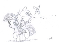 Size: 742x560 | Tagged: safe, artist:jeffmartinez, spike, twilight sparkle, butterfly, dragon, pony, unicorn, g4, baby, baby dragon, baby spike, basket, cute, diabetes, female, filly, filly twilight sparkle, looking at you, male, monochrome, signature, spikabetes, stroll, traditional art, twiabetes, unicorn twilight, walking
