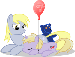 Size: 2845x2150 | Tagged: safe, artist:emkay-mlp, derpy hooves, dinky hooves, pegasus, pony, unicorn, ursa minor, g4, balloon, duo, equestria's best mother, eyes closed, female, filly, foal, high res, mare, mother and daughter, plushie, simple background, sleeping, teddy bear, transparent background, ursa plush