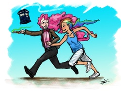 Size: 1200x900 | Tagged: safe, artist:scorpiordinance, pinkie pie, rainbow dash, human, ask human pinkie pie and rainbow dash, g4, doctor who, duo, female, humanized, lesbian, ship:pinkiedash, shipping, tardis