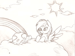 Size: 1152x864 | Tagged: safe, artist:joey darkmeat, rainbow dash, tank, pegasus, pony, tortoise, g4, cloud, cloudy, female, monochrome, rainbow, traditional art