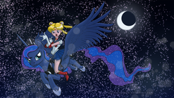 Size: 1920x1080 | Tagged: safe, artist:giantmosquito, princess luna, alicorn, human, g4, crossover, flying, horsebackriding, moon, night, riding, sailor moon, sailor moon (series), sailor moon boots, sky, stars, tsukino usagi, wallpaper