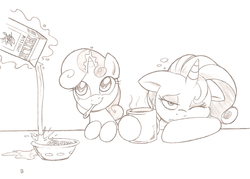 Size: 1013x724 | Tagged: safe, artist:joey darkmeat, rarity, sweetie belle, pony, unicorn, g4, bowl, cereal, coffee, cute, female, filly, floppy ears, foal, food, glowing, glowing horn, horn, magic, magic aura, mare, milk, milk carton, monochrome, morning, morning ponies, one eye closed, signature, smiling, spoon, telekinesis, traditional art
