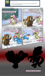 Size: 825x1398 | Tagged: safe, artist:giantmosquito, dumbbell, fluttershy, hoops, rainbow dash, pegasus, pony, g4, a+, ask, bullying, chalkboard, cloud, cloudsdale, colt, comic, dr adorable, female, filly, filly fluttershy, filly rainbow dash, grades, male, mouth hold, narration, offscreen character, origin story, violence, younger