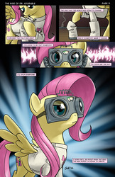Size: 825x1275 | Tagged: safe, artist:giantmosquito, fluttershy, pegasus, pony, g4, clothes, comic, dr adorable, female, goggles, lab coat, mare, solo, spread wings, wings