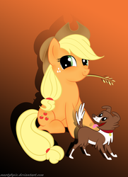 Size: 1300x1800 | Tagged: safe, artist:martybpix, applejack, winona, dog, earth pony, pony, g4, cute, duo, female, hay stalk, jackabetes, looking at you, mare, sitting, straw in mouth, twiface