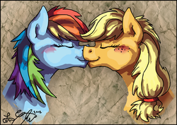 Size: 800x567 | Tagged: safe, artist:malicieuxx, applejack, rainbow dash, earth pony, pegasus, pony, g4, duo, eyes closed, female, kiss on the lips, kissing, lesbian, mare, ship:appledash, shipping